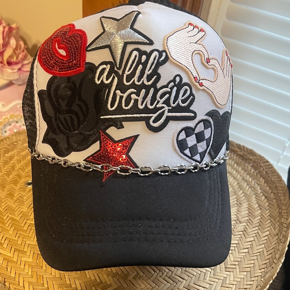 Black and White Embroidered trucker Cap with Chain Detail
